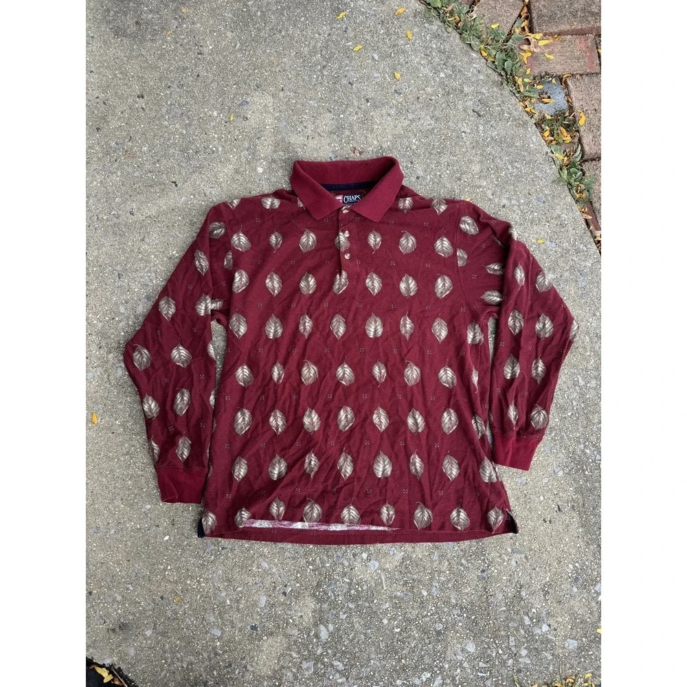 90's Chaps Ralph Lauren Leaf Pattern Polo Long Sleeve Shirt Mens Size L Burgundy